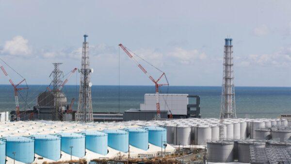 Nuclear reactor units No. 3 (L) and No. 4 at the Fukushima Daiichi Nuclear Power Plant overlook the Pacific Ocean in Okuma, Japan, on Feb. 27, 2021. (Hiro Komae/AP Photo)