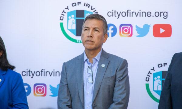 Mayor of Santa Ana Vicente Sarmiento speaks at Irvine City Hall on Nov. 15, 2021. (John Fredricks/The Epoch Times)