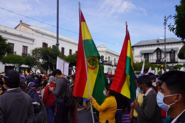 Protesters in Plaza 25 de Mayo in Sucre, Bolivia, on Nov. 12, 2021. (Autumn Spredemann/The Epoch Times)