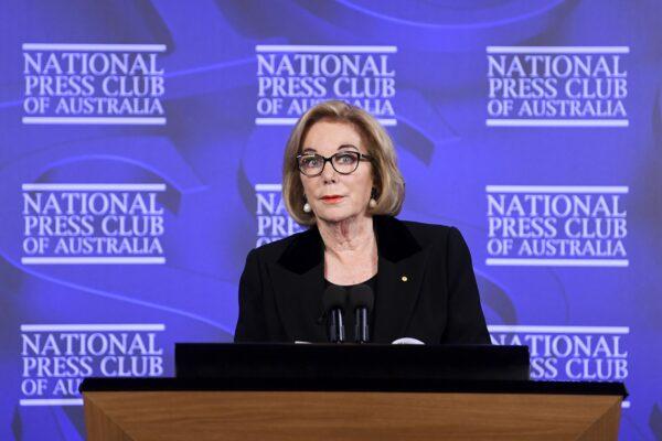 ABC Chairwoman Ita Buttrose addresses the National Press Club in Canberra, Australia, on May 5, 2021. (AAP Image/Lukas Coch)