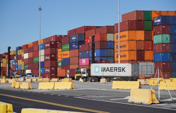 A row of empty containers at the new Mason Mega Rail Terminal at the port in Savannah, Georgia, on Nov. 12, 2021. (Jackson Elliott/The Epoch Times)