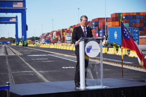 Georgia's Governor Brian Kemp speaks at the new Mason Mega Rail Terminal at the port in Savannah, Georgia, on Nov. 12, 2021. (Jackson Elliott/The Epoch Times)