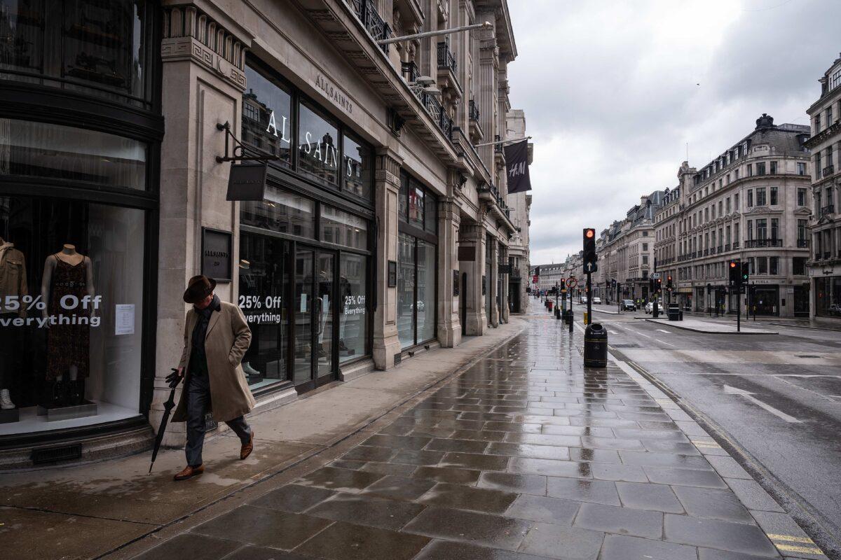 A man walks up a deserted Regent Street in London on March 30, 2020. (Leon Neal/Getty Images)