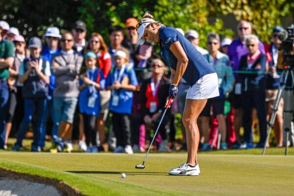 Lexi Thompson putts on the ninth green during the final round of the LPGA Pelican Women's Championship golf tournament at Pelican Golf Club, in Belleair, Fla., on Nov. 14, 2021. (Steve Nesius/AP Photo)