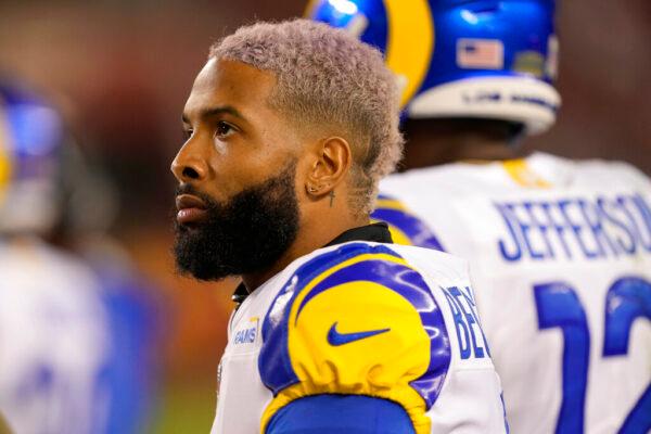 Los Angeles Rams wide receiver Odell Beckham Jr. watches from the sideline during the second half of an NFL football game against the San Francisco 49ers in Santa Clara, Calif., on Nov. 15, 2021. (Tony Avelar/AP Photo)