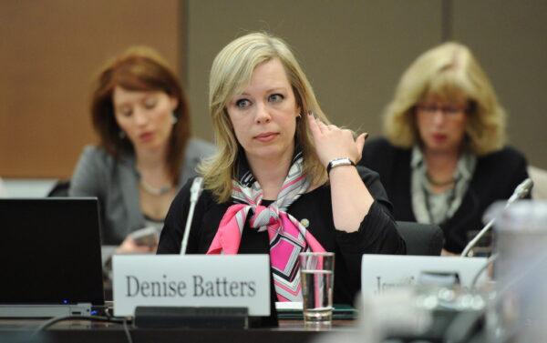 Sen. Denise Batters, the wife of Regina MP Dave Batters who killed himself while on leave for depression, appears as a witness at a commons health committee on mental illness in Ottawa on March 8, 2012. (The Canadian Press/Sean Kilpatrick)