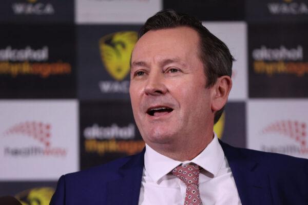 WA Premier Mark McGowan addresses the media and guests in Perth, Australia, on Aug. 19, 2021. (Paul Kane/Getty Images for Cricket Australia)