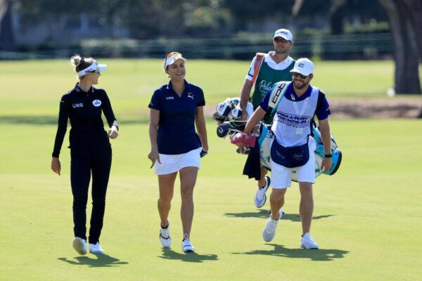 Nelly Korda (L) and Lexi Thompson walk down the seventh hole during the final round of the Pelican Women's Championship at Pelican Golf Club in Belleair, Fla., on Nov. 14, 2021. (Sam Greenwood/Getty Images)