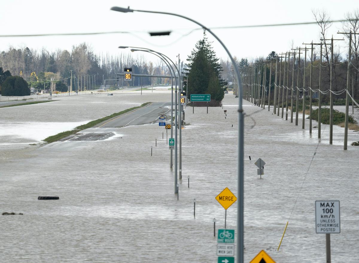 Flooding on Highway 1 looking westbound towards Abbotsford is seen in Chilliwack, British Columbia, on Nov. 16, 2021. (Jonathan Hayward/The Canadian Press via AP)