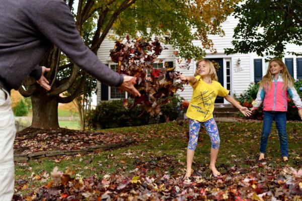 Troy Stansell and the girls have some fun with leaves after returning from a walk around their neighborhood. (Randy Litzinger)