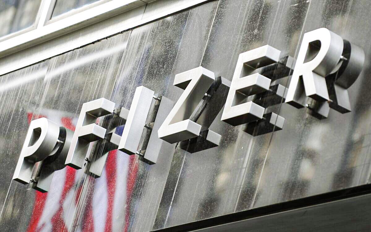 A sign for Pfizer is displayed in New York in a file photograph. (Timothy A. Clary/AFP via Getty Images)