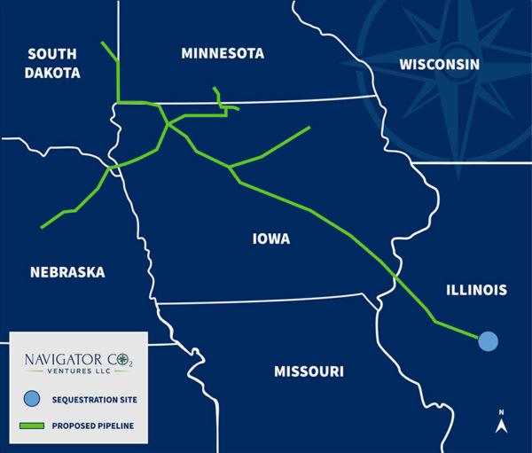 A map of the Heartland Greenway CO2 capture pipeline proposal by Navigator Greenway Heartland. The project will span five states in the Midwest and enable the storage of 15 million metric tons of carbon dioxide produced by agricultural biofuel and fertilizer companies each year. (Navigator Heartland Greenway image)