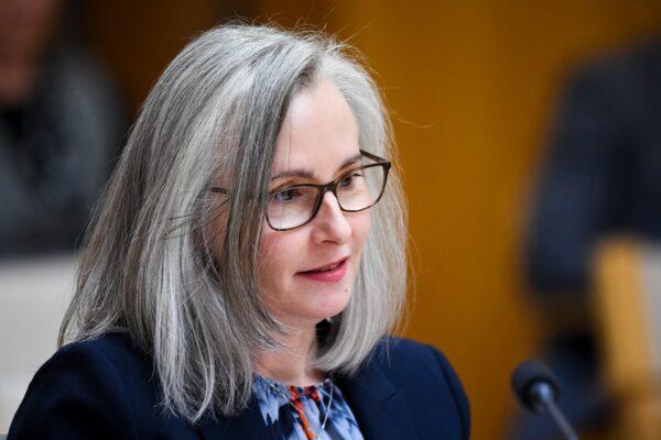 Director-General of the Australian Signals Directorate (ASD) Rachel Noble speaks during a Parliamentary inquiry at Parliament House in Canberra, Australia, on Jul. 29, 2021. (AAP Image/Lukas Coch)