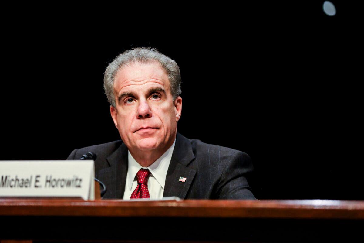 Department of Justice Inspector General Michael Horowitz testifies in front of the Senate Judiciary Committee in Washington on Dec. 11, 2019. (Charlotte Cuthbertson/The Epoch Times)