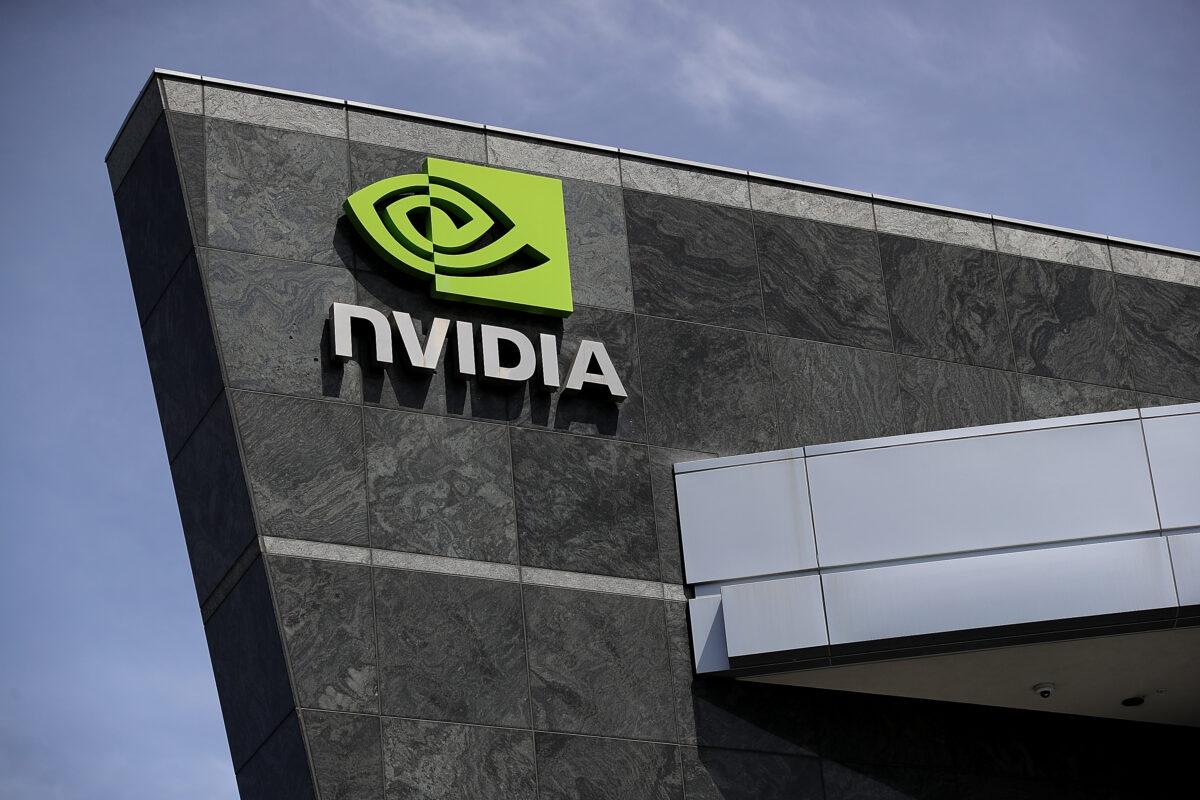 A sign is posted in front of the Nvidia headquarters in Santa Clara, Calif., on May 10, 2018. (Justin Sullivan/Getty Images)