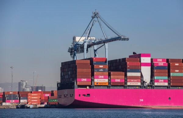 Cargo awaits unloading from ships off the Port of Long Beach, Calif., on Oct. 27, 2021. (John Fredricks/The Epoch Times)