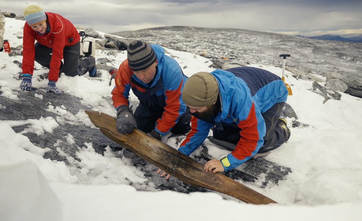 The ski lays with the underside facing up. Here it is being turned by the archaeologists, revealing the upside with the raised foothold and binding. (Courtesy of <a href="https://secretsoftheice.com/">Andreas Christoffer Nilsson, secretsoftheice.com</a>)