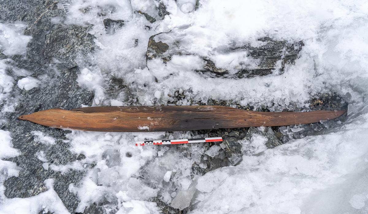 The ski after being freed from the ice. (Courtesy of <a href="https://secretsoftheice.com/">Espen Finstad, secretsoftheice.com</a>)