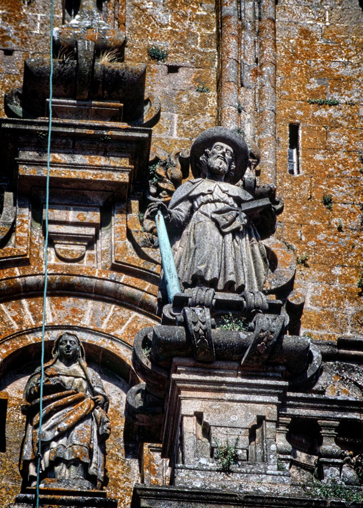 Large, impressive statues adorn the exterior of the Cathedral of Santiago, which dates to the ninth century and was built to house the remains of the apostle James. (Copyright Fred J. Eckert)