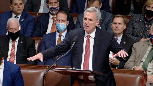 In this image from House Television, House Minority Leader Kevin McCarthy (R-Calif.) speaks on the House floor during debate on the Democrats' expansive social and environment bill at the U.S. Capitol on Nov. 18, 2021. (House Television via AP)
