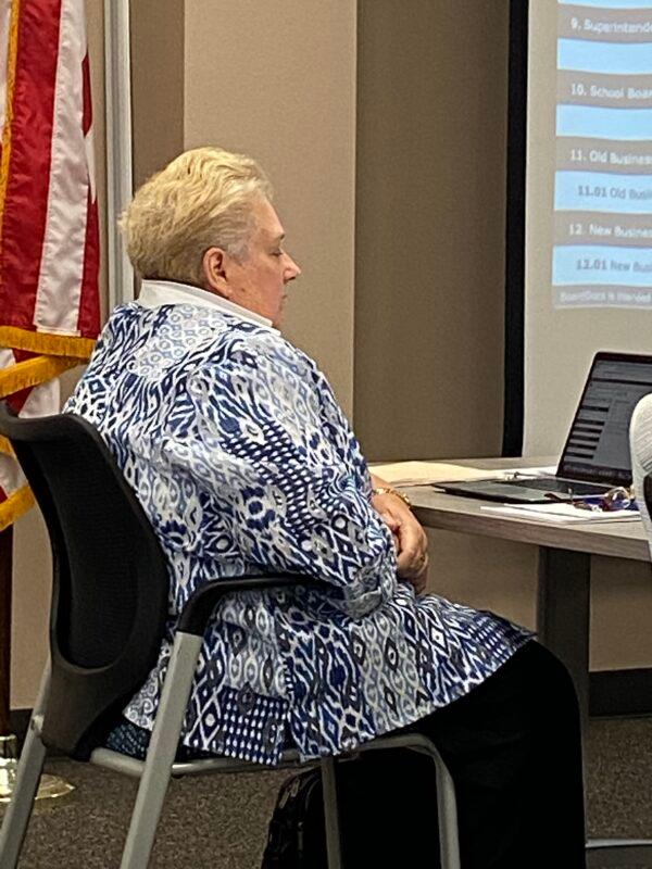 Flagler County School Board Member Cheryl Massaro sits in on a school board workshop in Bunnell, Fla., on Nov. 16, 2021. (Patricia Tolson/The Epoch Times)