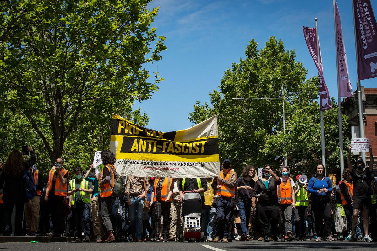Pro-Vax Anti-Fascists gather on Lygon Street in Carlton in 2021. New CCTV technology allows easier monitoring of large gatherings in Argyle Square. (Darrian Traynor/Getty Images)