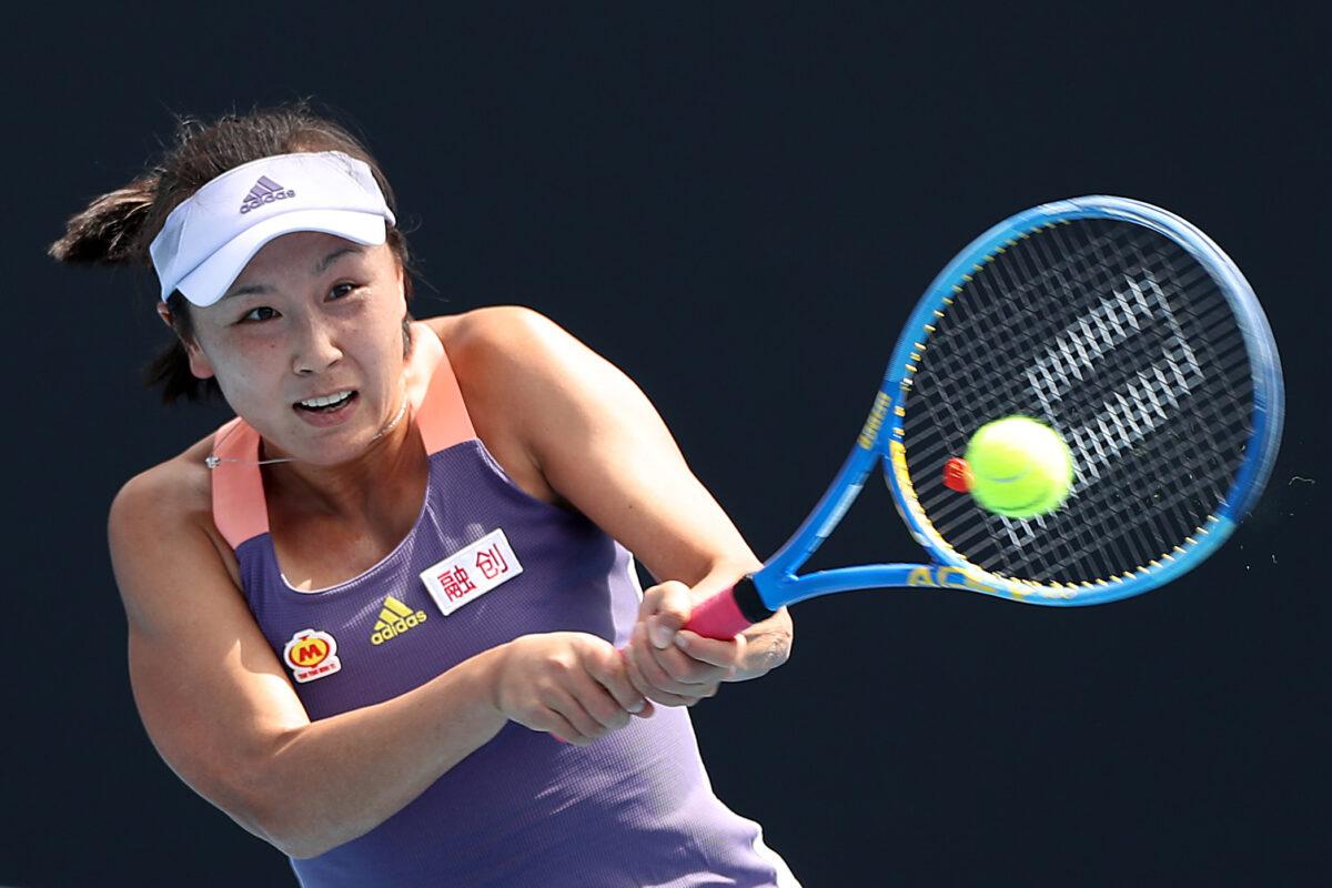 Peng Shuai of China plays a backhand during her Women's Singles first round match against Nao Hibino of Japan on day two of the 2020 Australian Open at Melbourne Park in Melbourne, Australia, on Jan. 21, 2020. (Mark Kolbe/Getty Images)