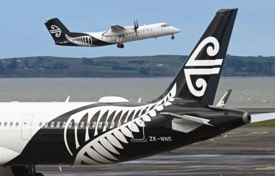A photo shows an Air New Zealand plane taking off from Auckland Airport on Aug. 26, 2021. (William West/AFP via Getty Images)
