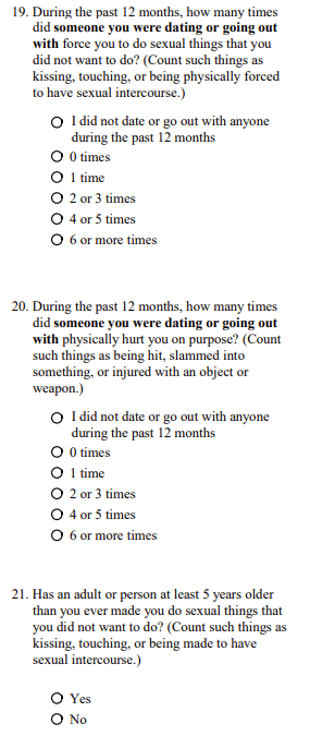 Screenshot of questions asking teen-aged children how many times someone they dated tried to force sex or hurt them during sex from the 2021 High School Youth Survey. (Patricia Tolson/The Epoch Times)
