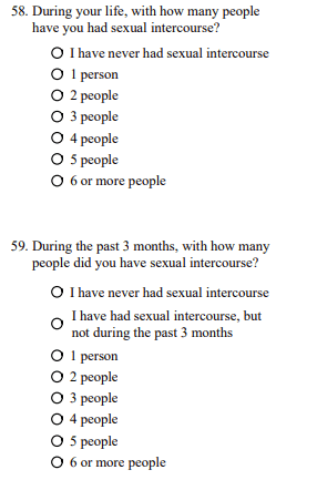 Screenshot of questions asking teen-aged children how many sexual partners they've had from the 2021 Virginia High School Survey. (Patricia Tolson/The Epoch Times)