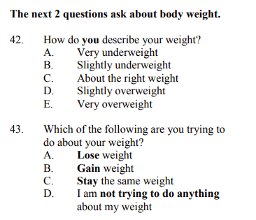 Screenshot of questions about the child's weight from the 2021 Virginia Middle School Youth Survey. (Patricia Tolson/The Epoch Times)
