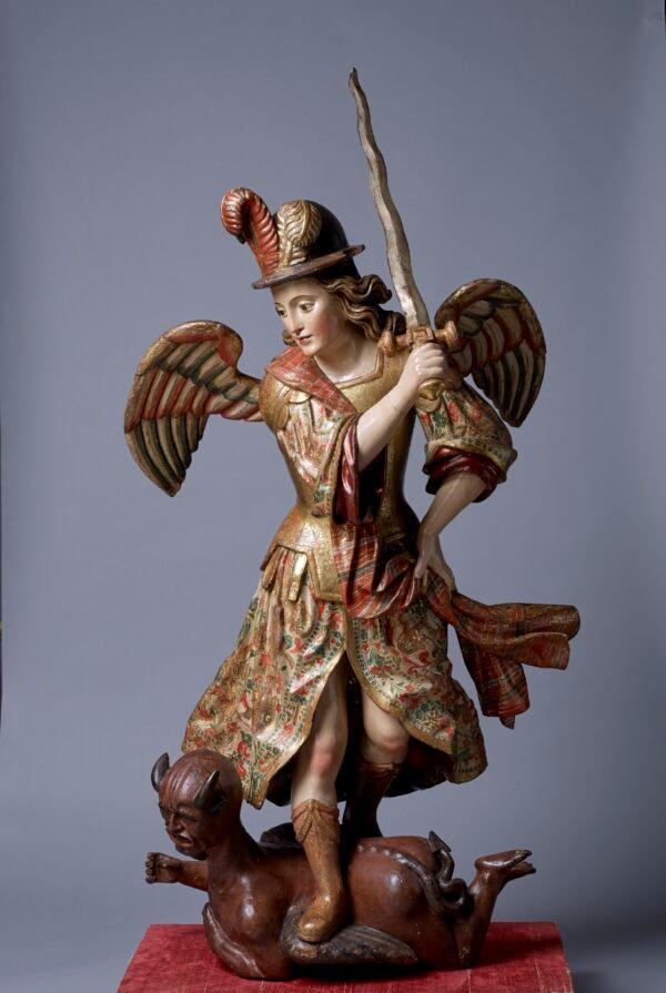 "St. Michael Archangel," 1700–25, by an anonymous Ecuadorian sculptor. Polychromed and gilded wood; 51 inches tall. (The Hispanic Society Museum & Library)