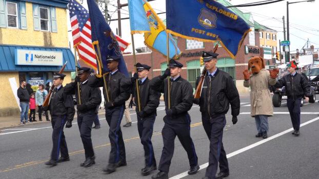 Philadelphia Police Explorers joined the 44th annual Mayfair-Holmesburg Thanksgiving Parade in Philadelphia on November 21. (Screenshot via NTD TV)