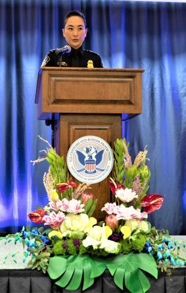 New Los Angeles International Airport Area Port Director Cheryl Davies addressed U.S. Customs and Border Protection senior leadership, employees, law enforcement partners, and stakeholders on Nov. 22, 2021. (Courtesy of U.S. Customs and Border Protection)