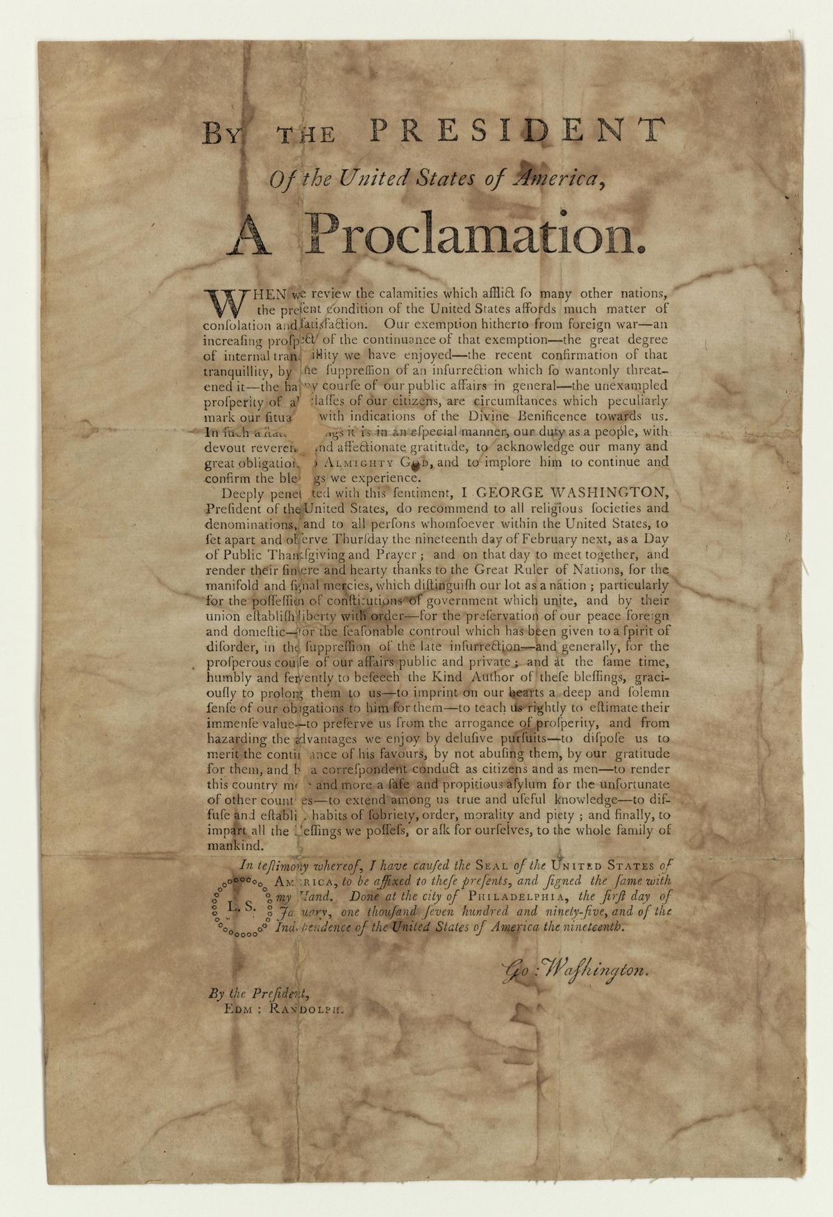 George Washington's Thanksgiving Proclamation from 1795. (Public domain)