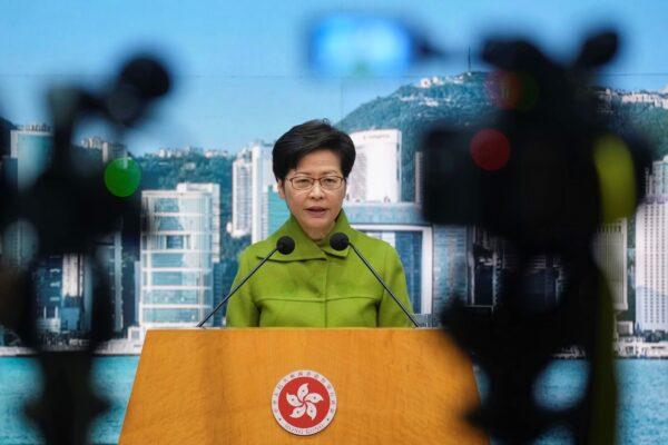 Hong Kong Chief Executive Carrie Lam speaks during a press conference in Hong Kong, on Nov. 23, 2021. (Vincent Yu/AP Photo)