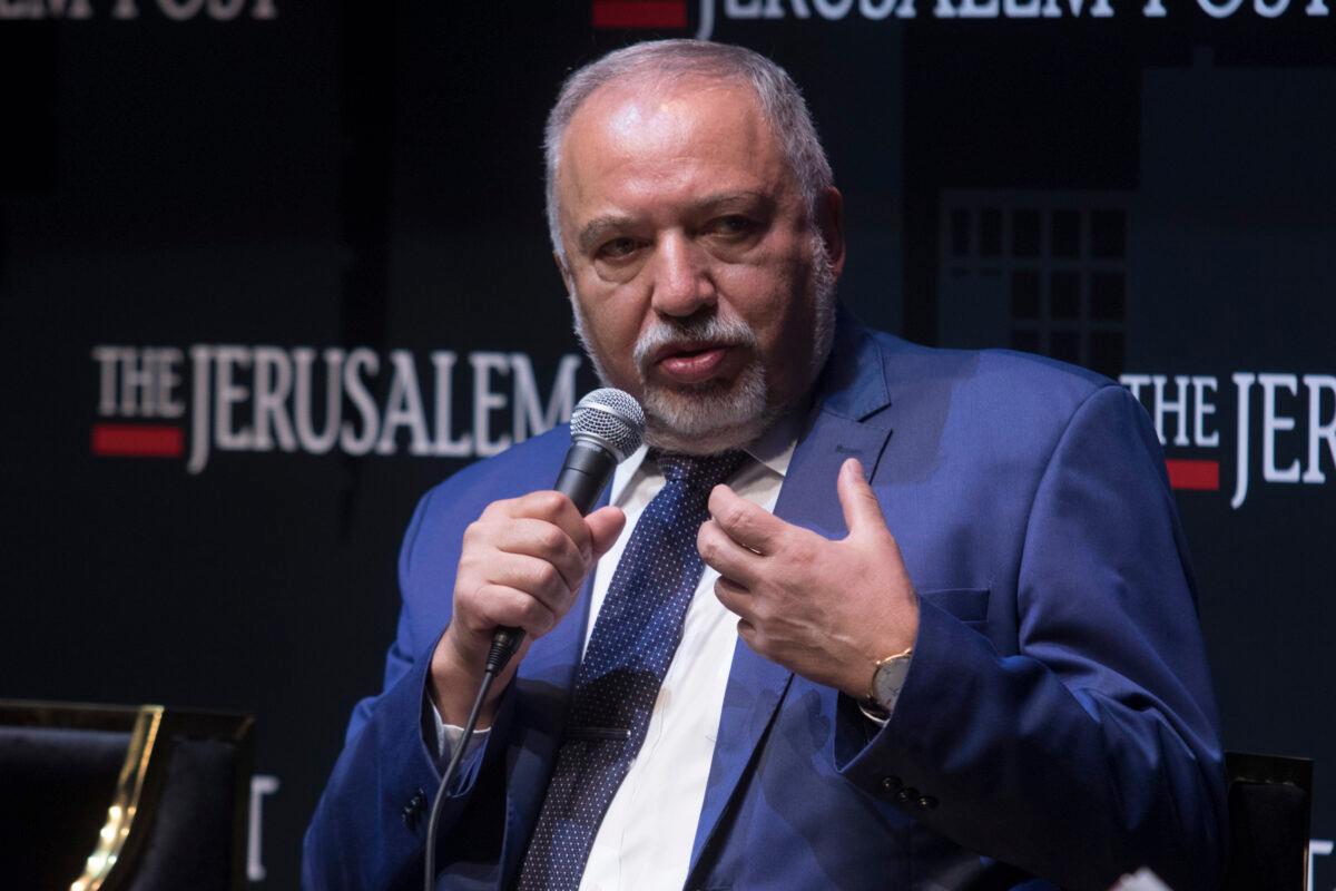 Israeli Finance Minister Avigdor Liberman speaks at Jerusalem Post's annual conference in Jerusalem, Israel, on Oct. 12, 2021. (Amir Levy/Getty Images)