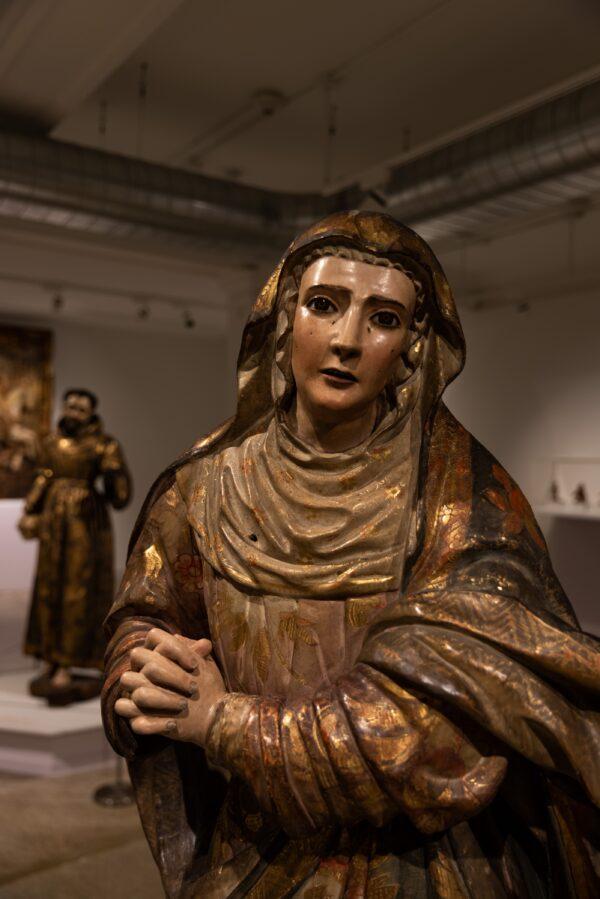 "Mater Dolorosa," or "Our Lady of Sorrows," 17th century, by an anonymous Mexican sculptor. Polychromed wood; 65 3/4 inches by 26 inches, in the "Gilded Figures: Wood and Clay Made Flesh" exhibition at The Hispanic Society Museum & Library in New York. (The Hispanic Society Museum & Library)
