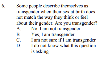 Screenshot of question from 2021 Virgina Middle School Youth Survey regarding whether or not they identify as transgender. (Patricia Tolson/The Epoch Times)