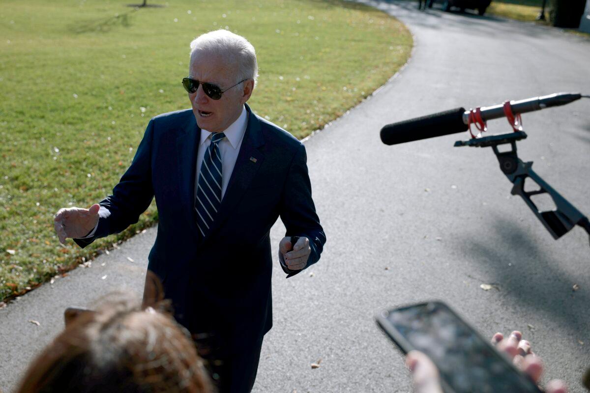 President Joe Biden speaks to reporters after returning to the White House from Walter Reed Medical Center on Nov. 19, 2021. (Anna Moneymaker/Getty Images)