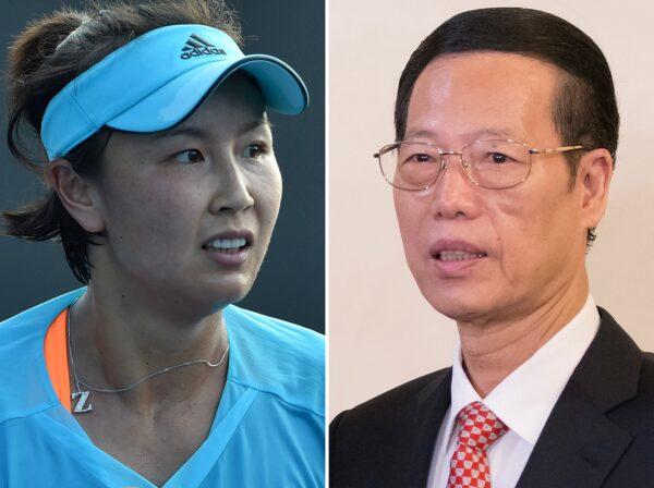 This combination of file photos shows tennis player Peng Shuai of China (L) during her women's singles first round match at the Australian Open tennis tournament in Melbourne on Jan. 16, 2017; and Chinese Vice Premier Zhang Gaoli (R) during a visit to Russia at the Saint Petersburg International Investment Forum in Saint Petersburg on June 18, 2015. (Paul Crock, Alexander Zemlianichenko/AFP via Getty Images)