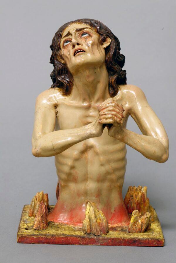 "Soul in Purgatory," part of "The Four Fates of Man," circa 1775, attributed to Manuel Chili, known as Caspicara. Polychromed wood, glass, and metal; 6 5/8 inches by 4 3/8 inches by 4 7/8 inches. (The Hispanic Society Museum & Library)