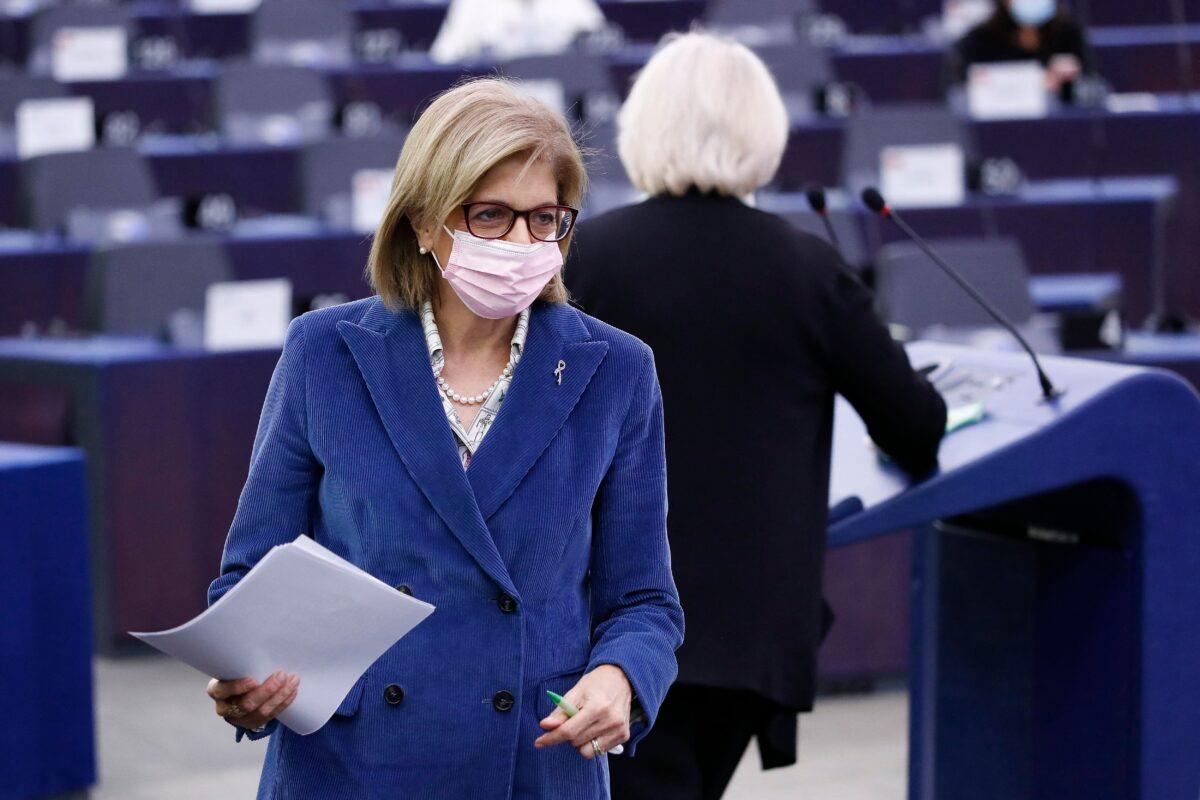European Commissioner for Health and Food Safety Stella Kyriakides walks after delivering a speech during the debate "EU's Role in Combatting the COVID-19 Pandemic and How to Vaccinate the World", at the European Parliament in Strasbourg, eastern France, on Nov. 24, 2021. (Julien Warnand/POOL via Getty Images)