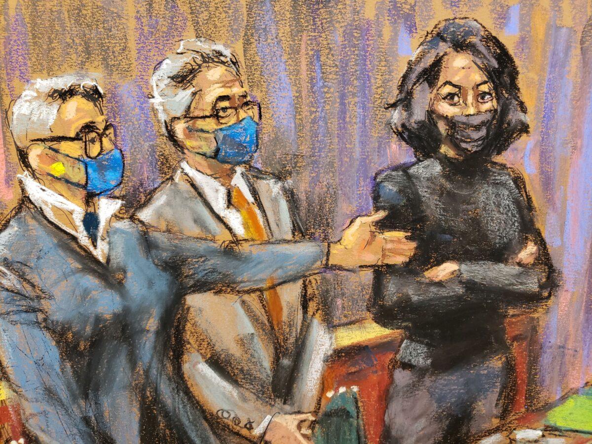 Defense lawyer Bobbi Sternheim points toward Ghislaine Maxwell standing beside Jeffrey Pagliuca during a pre-trial hearing on charges of sex trafficking, in a courtroom sketch in N.Y.C., on Nov. 23, 2021. (Jane Rosenberg/Reuters)