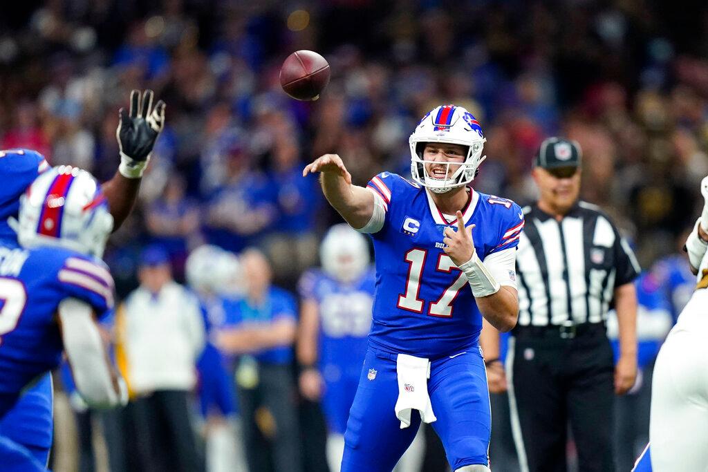 Buffalo Bills quarterback Josh Allen (17) passes in the first half of an NFL football game against the New Orleans Saints in New Orleans, on Nov. 25, 2021. (Derick Hingle/AP Photo)