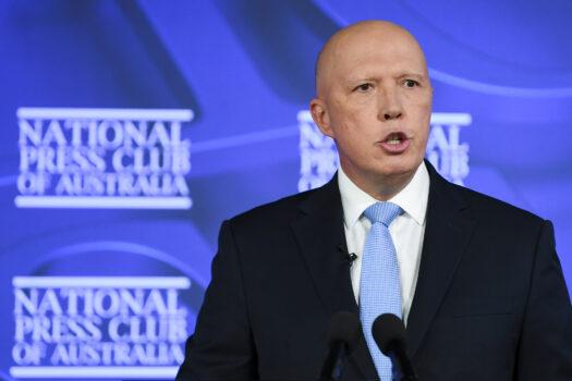 Australian Defence Minister Peter Dutton addresses the National Press Club in Canberra, Australia, on Nov. 26, 2021. (AAP Image/Lukas Coch)