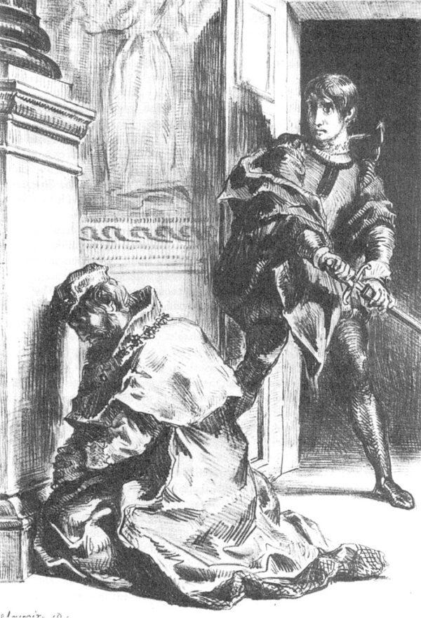 If Hamlet had killed his uncle when he had the chance, he could have prevented disaster for his kingdom. A 1844 sketch by Eugène Delacroix. (Public Domain)