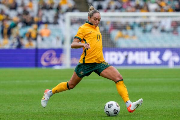 Matilda's Kyah Simon takes a shot at goal during the international soccer match between the United States and Australia at Stadium Australia in Sydney, on Nov. 27, 2021. (Mark Baker/AP Photo)