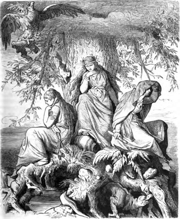 The Nornic trio from Norse mythology coincides with the three Greek Fates. Illustrated in 1882 by Ludwig Burger. (PD-US)