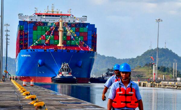 The Chinese COSCO Shipping Rose container ship sails near the new Cocoli locks in the Panama Canal on Dec. 3, 2018. (Luis Acosta/AFP via Getty Images)